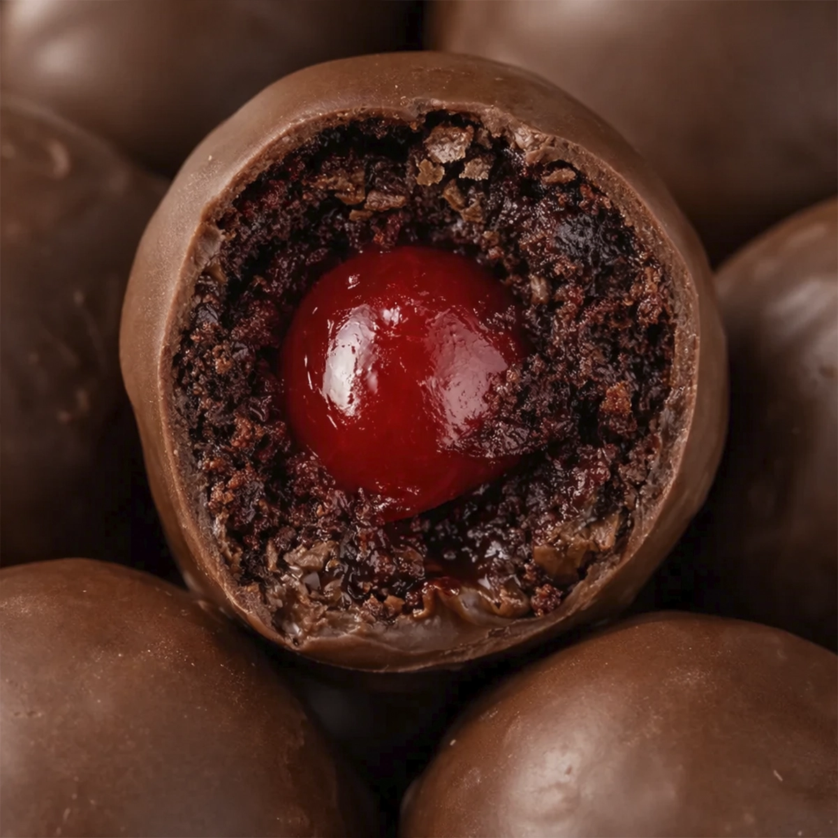Close-up of a chocolate covered cherry truffle cut open to reveal a bright red cherry center and rich chocolate filling.
