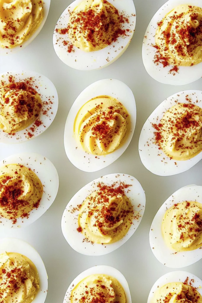 Top-down view of classic deviled eggs with creamy yolk filling and paprika arranged on a white background.