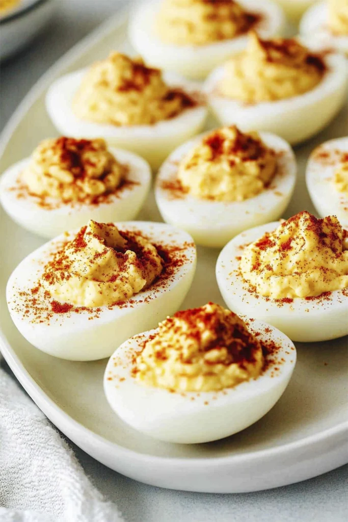 Classic deviled eggs with creamy yolk filling and paprika served on a white plate.