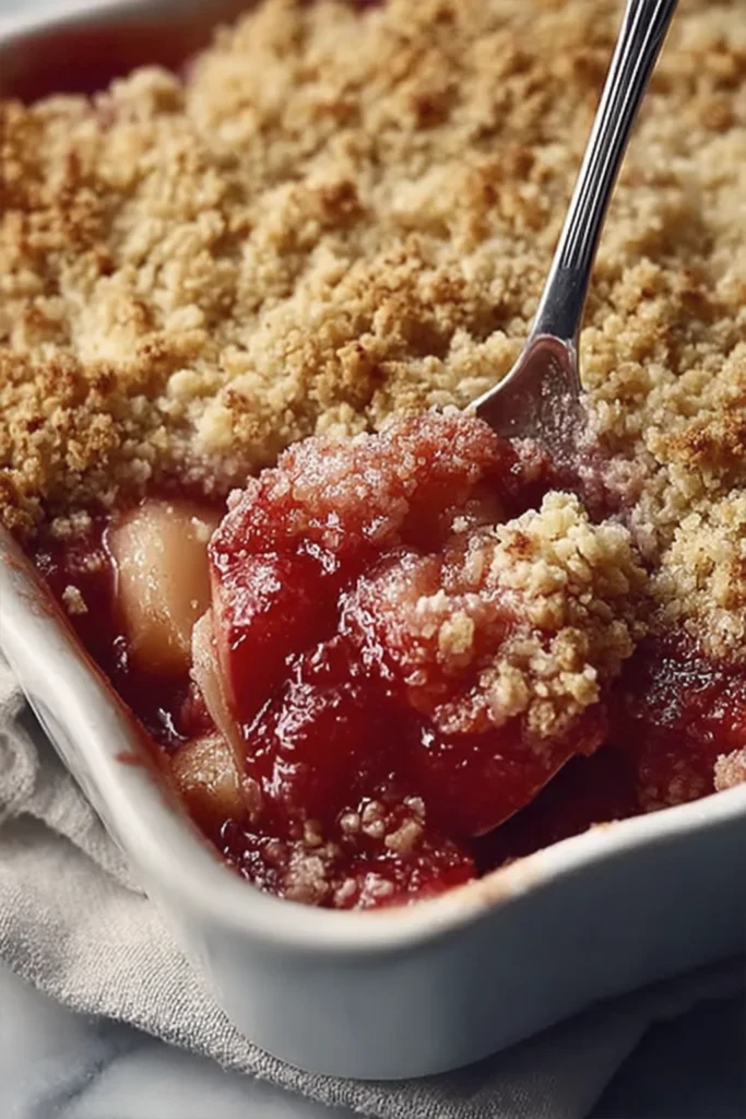 Homemade rhubarb crumble with oat streusel topping in a white baking dish.