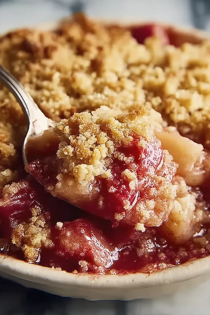 Close-up of warm rhubarb apple crumble with golden buttery streusel topping.