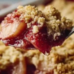 Close-up of a spoon lifting warm strawberry apple crumble with golden buttery streusel topping and juicy red fruit filling.