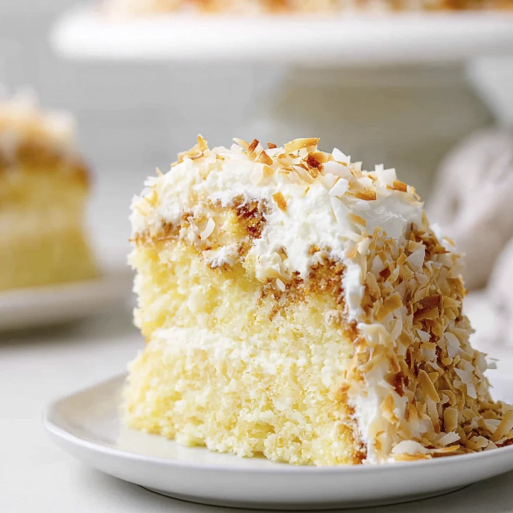 Slice of coconut cream cake with fluffy yellow layers and toasted coconut flakes on a white dessert plate.