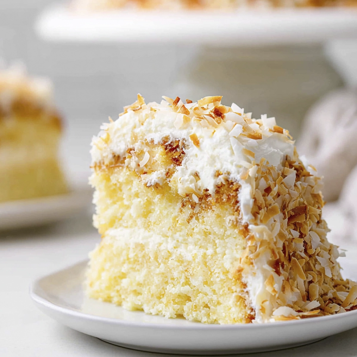 Slice of coconut cream cake with fluffy yellow layers and toasted coconut flakes on a white dessert plate.
