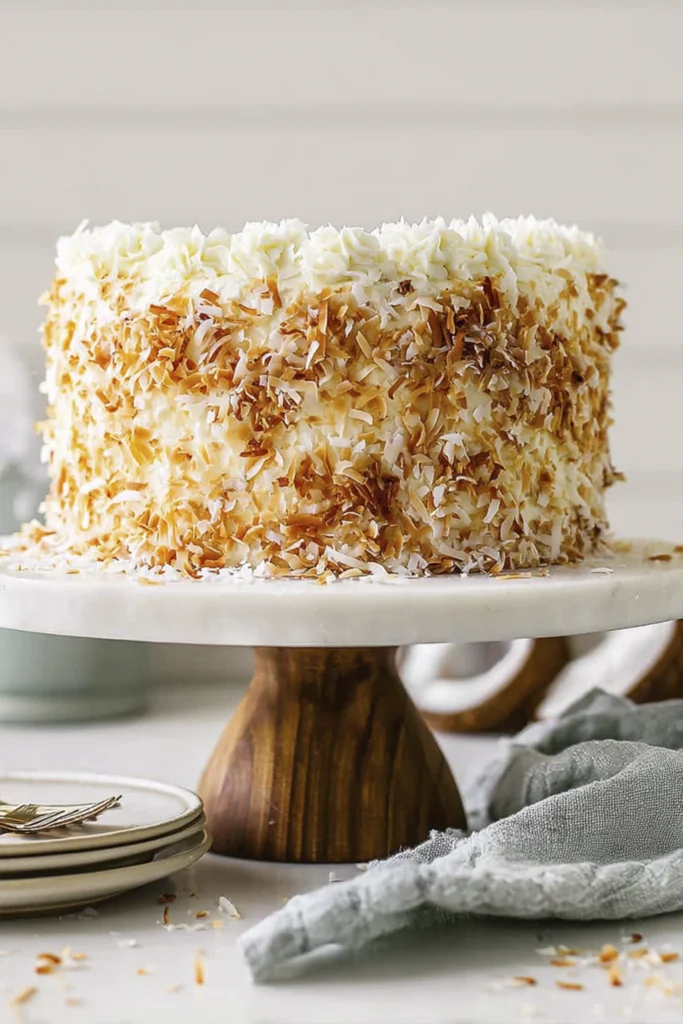 Toasted coconut layer cake covered in coconut flakes and creamy frosting on a white cake stand.