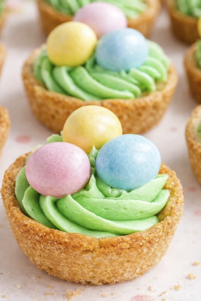 Close-up Easter mini tart nest with green buttercream frosting and pastel candy eggs on top.