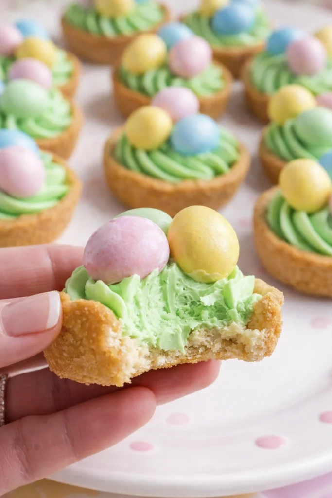 Hand holding a bitten Easter mini tart nest with green buttercream frosting and pastel candy eggs.