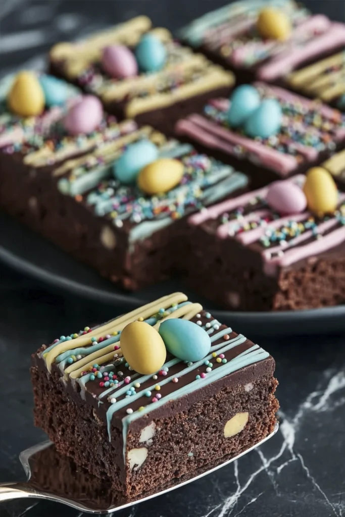Close-up of decorated Easter brownie bars topped with chocolate ganache, pastel icing drizzle, colorful sprinkles, and mini candy eggs on a dark plate.