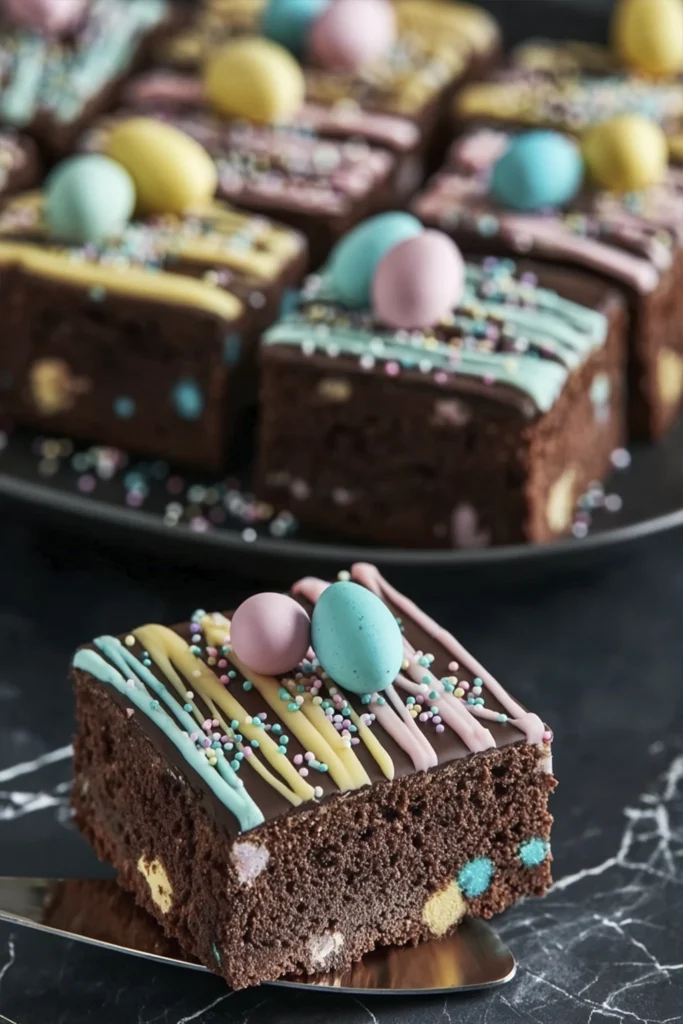 Close-up of decorated Easter brownie bars topped with chocolate ganache, pastel icing drizzle, colorful sprinkles, and mini candy eggs on a dark plate.