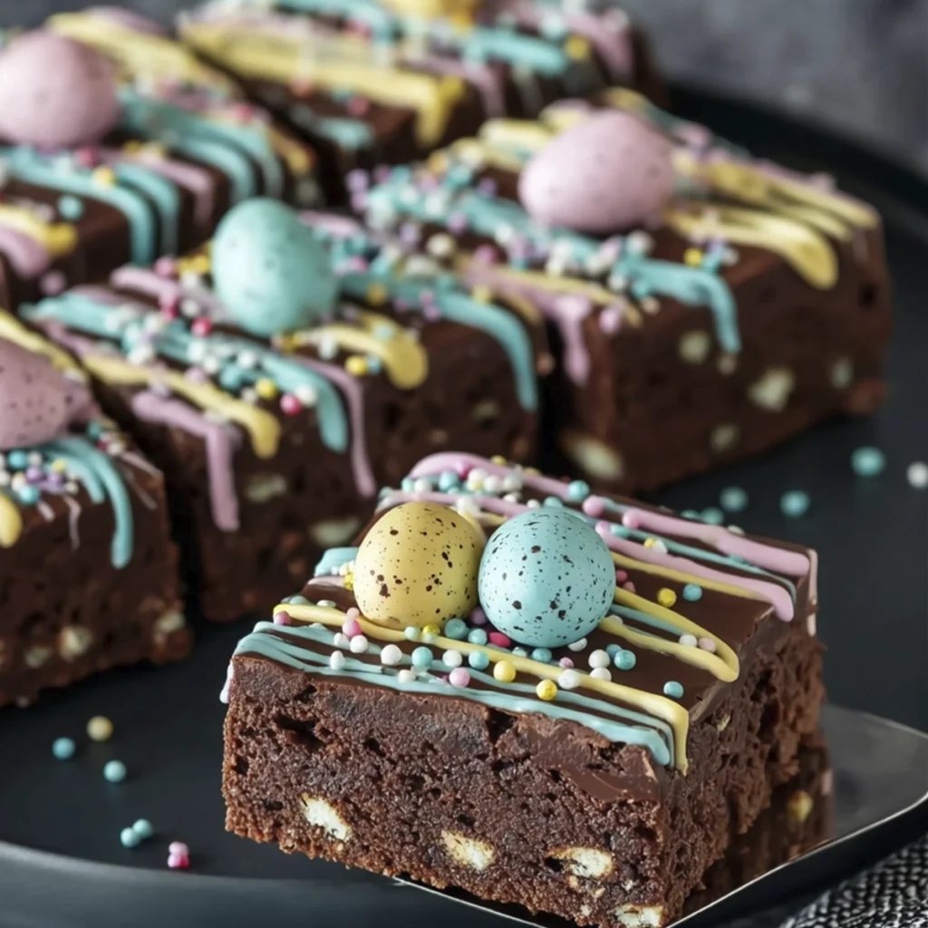 Easter brownie bars with chocolate ganache, pastel icing drizzle, colorful sprinkles, and mini candy eggs served on a dark plate with one slice lifted on a cake server.