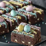 Easter brownie bars with chocolate ganache, pastel icing drizzle, colorful sprinkles, and mini candy eggs served on a dark plate with one slice lifted on a cake server.