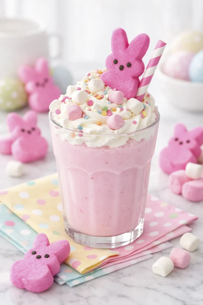 Easter Bunny Punch pink milkshake topped with whipped cream, mini marshmallows, colorful sprinkles, and a pink marshmallow bunny candy
