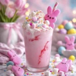 Creamy Easter Bunny Punch topped with whipped cream, marshmallows, sprinkles, and pink bunny candy