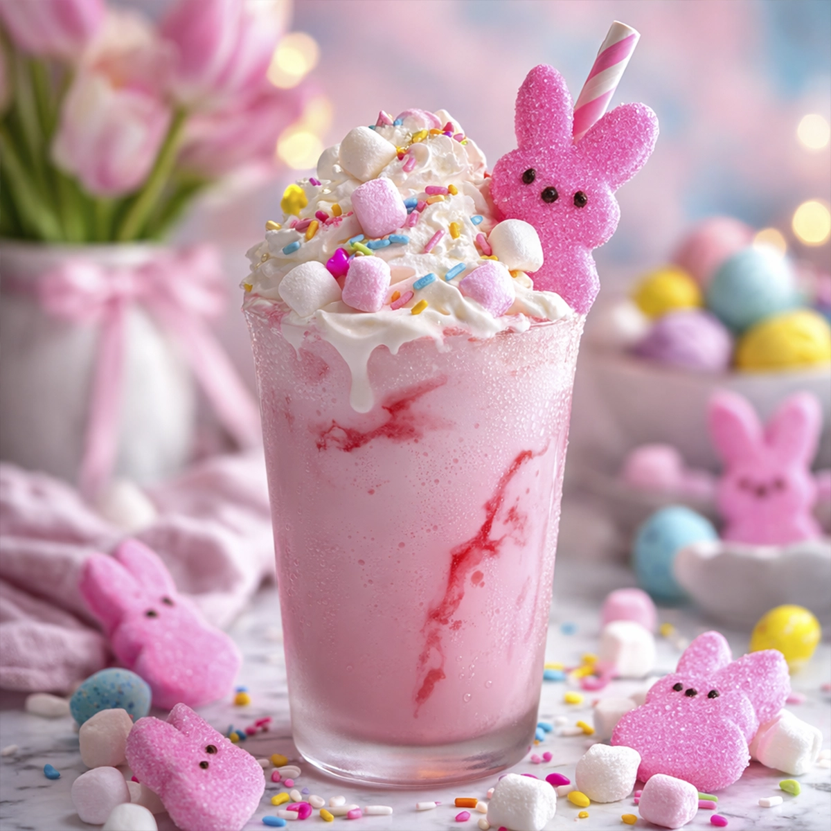 Creamy Easter Bunny Punch topped with whipped cream, marshmallows, sprinkles, and pink bunny candy