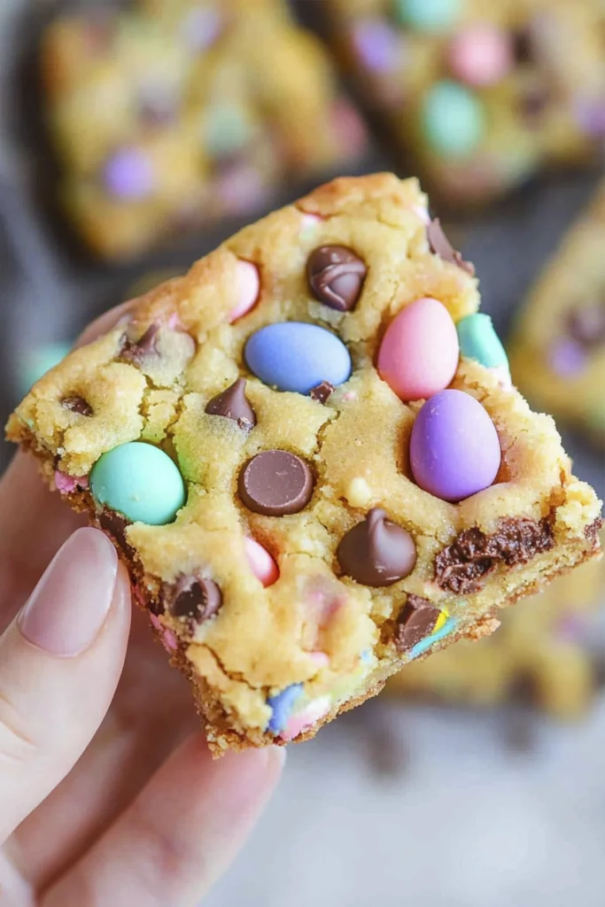 Close-up of a gooey Easter cookie bar with pastel candy eggs and chocolate chips held in hand.