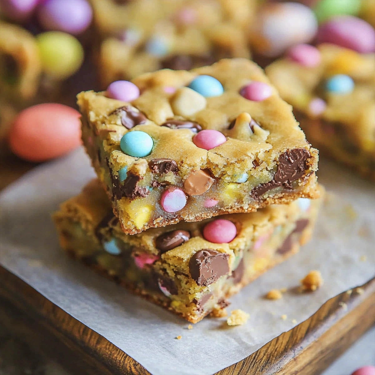 Thick chocolate chip cookie bars filled with pastel candy-coated chocolates and chocolate chips, stacked on parchment paper.