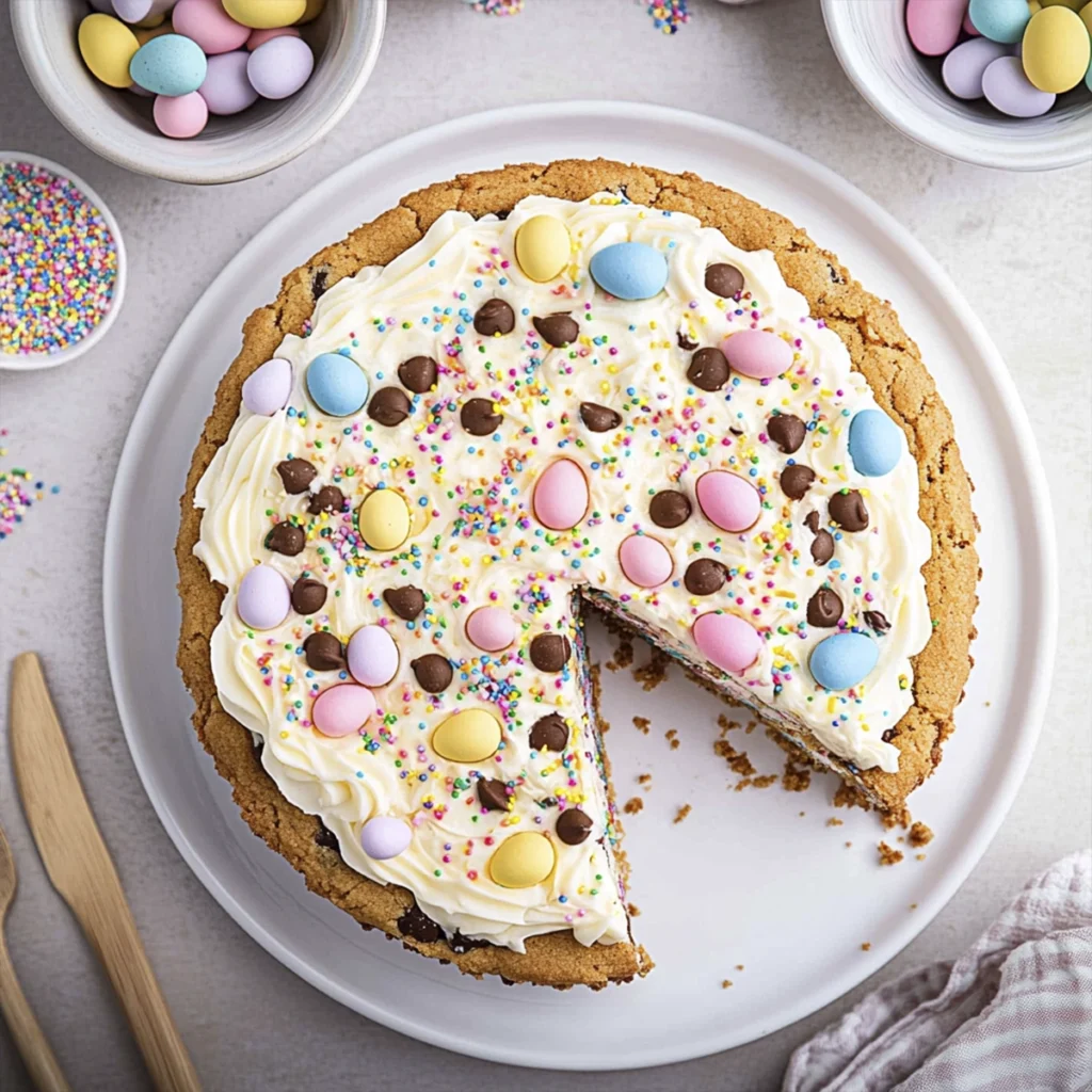 Close-up of a thick chocolate chip cookie cake slice with melted chocolate chunks and a peanut butter cup center, topped with piped vanilla buttercream and pastel candy sprinkles.