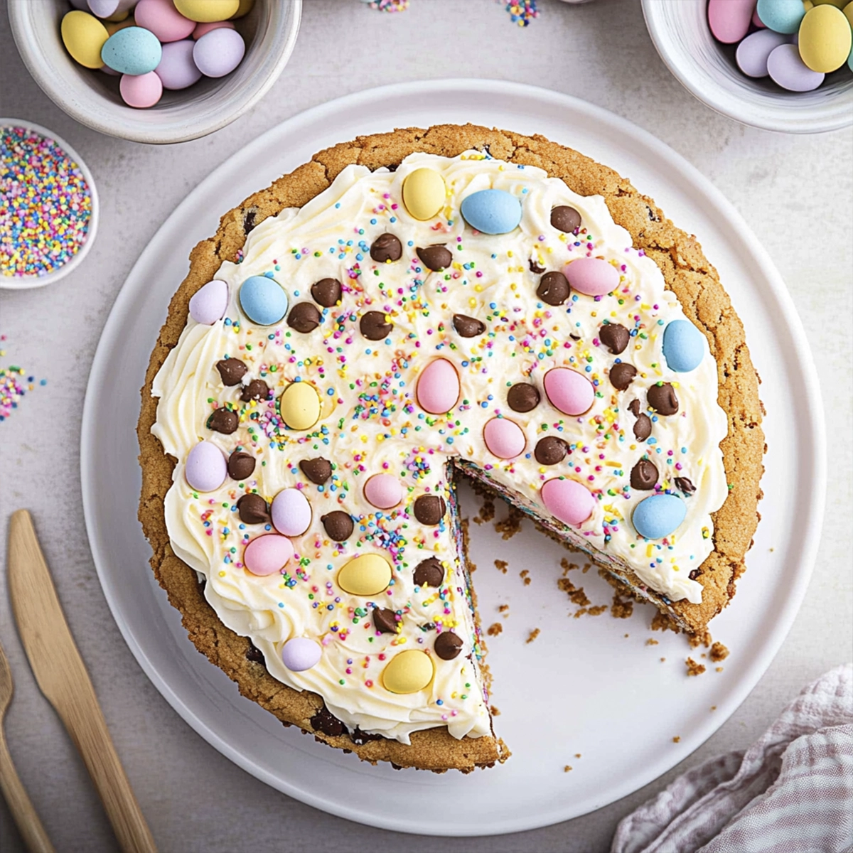 Close-up of a thick chocolate chip cookie cake slice with melted chocolate chunks and a peanut butter cup center, topped with piped vanilla buttercream and pastel candy sprinkles.
