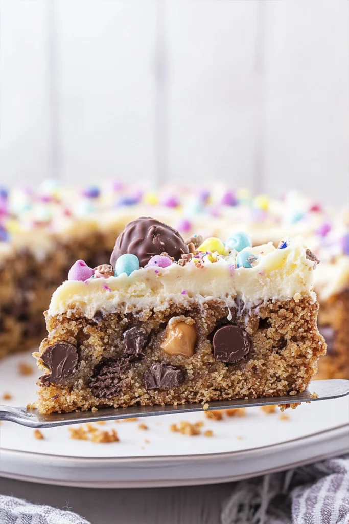 Overhead view of an Easter chocolate chip cookie cake decorated with vanilla buttercream frosting, pastel candy-coated chocolates, mini chocolate eggs, and colorful sprinkles.