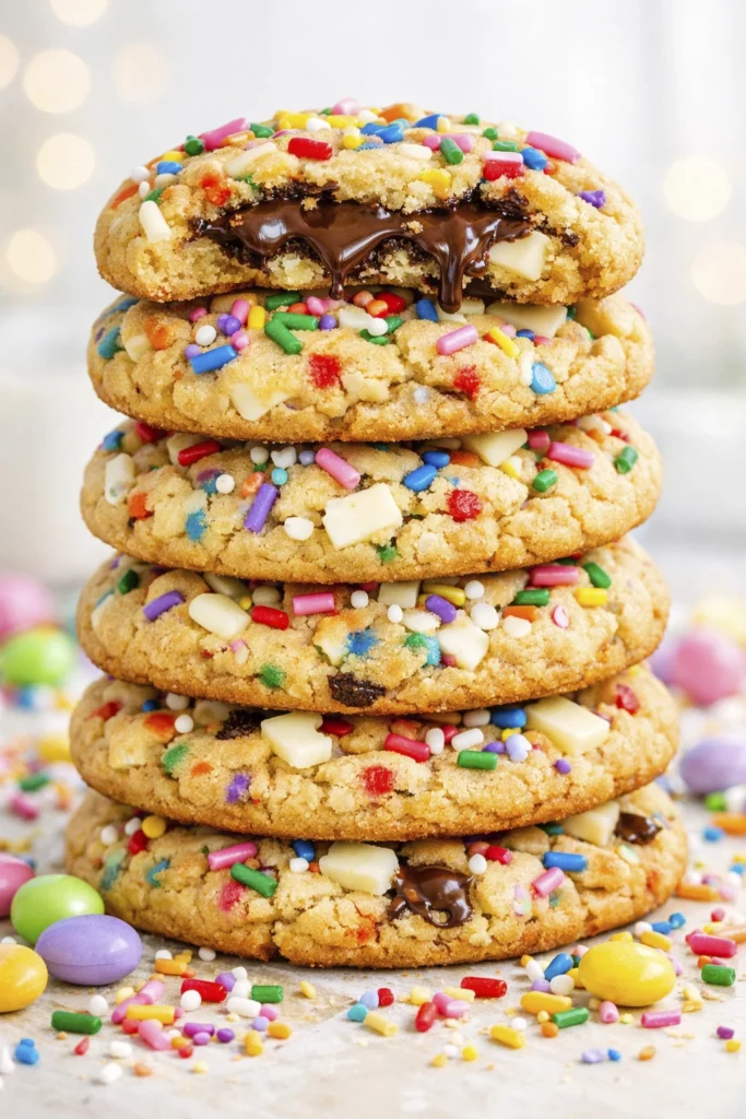 Stack of soft funfetti sprinkle cookies with white chocolate chips and colorful rainbow sprinkles on a light background.