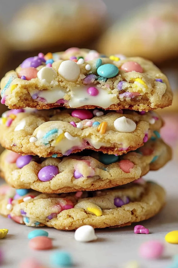Stacked sprinkle cookies with white chocolate chips and colorful candy pieces.