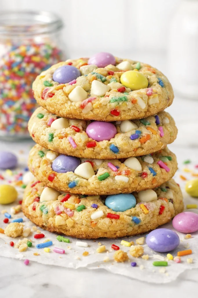 Soft sprinkle sugar cookies filled with pastel candy chocolates and rainbow sprinkles stacked on a plate.