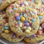 Soft sugar cookies topped with rainbow sprinkles and pastel candy-coated chocolates on a white plate.
