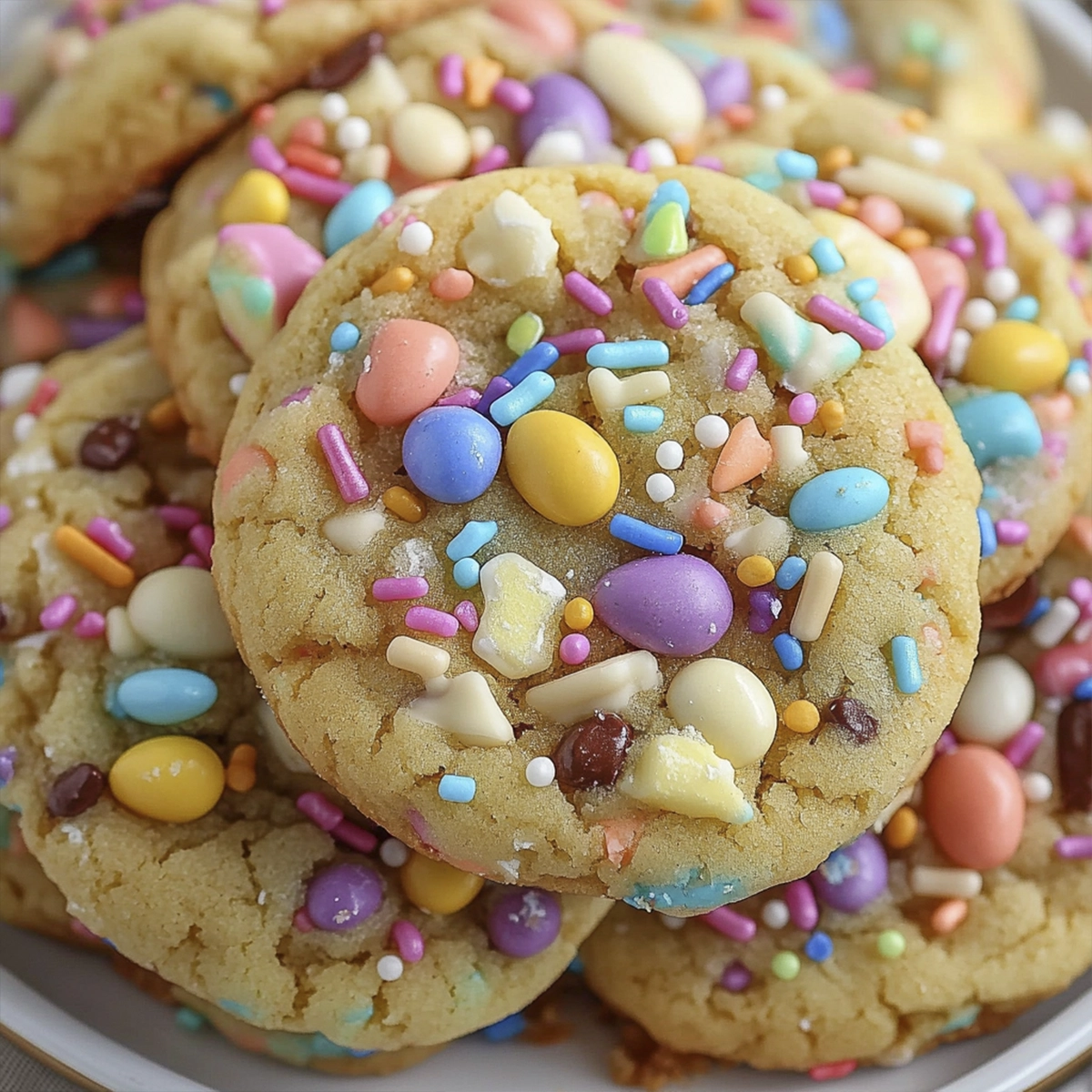 Soft sugar cookies topped with rainbow sprinkles and pastel candy-coated chocolates on a white plate.