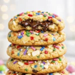 Stack of soft sprinkle cookies filled with white chocolate chunks and colorful rainbow sprinkles on a light background.