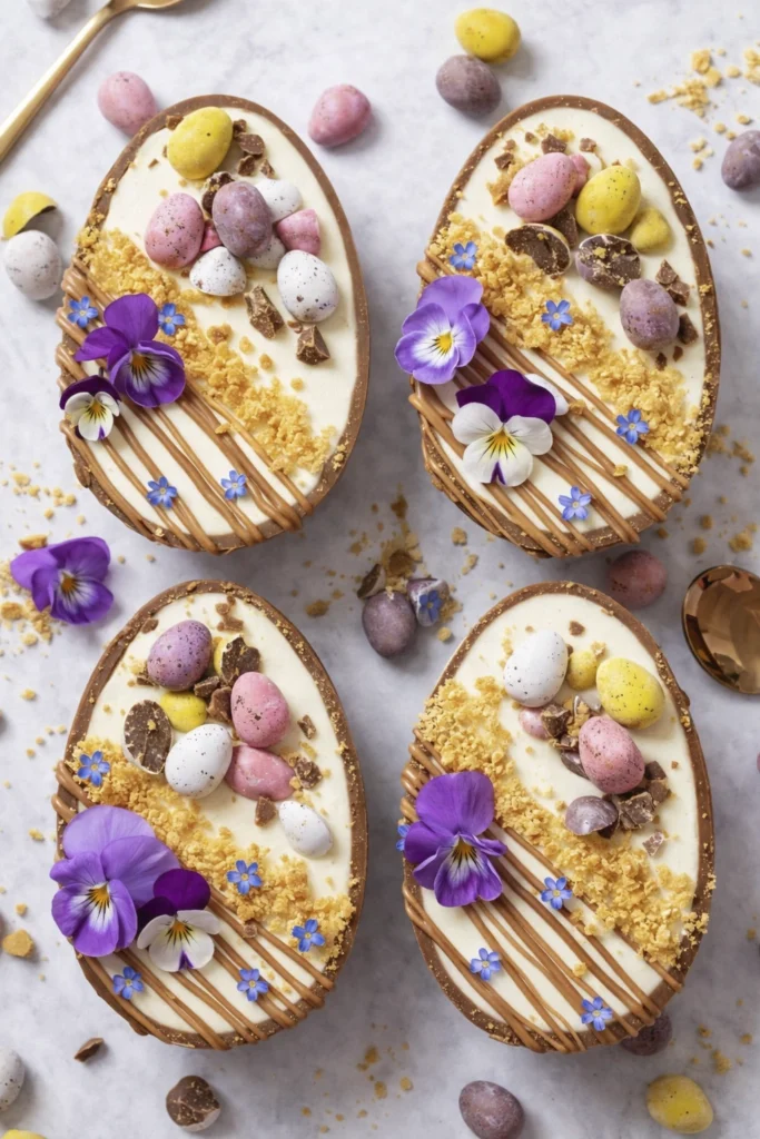 Chocolate Easter egg halves filled with vanilla cheesecake mousse and topped with mini eggs, cookie crumbs, caramel drizzle, and edible pansy flowers.