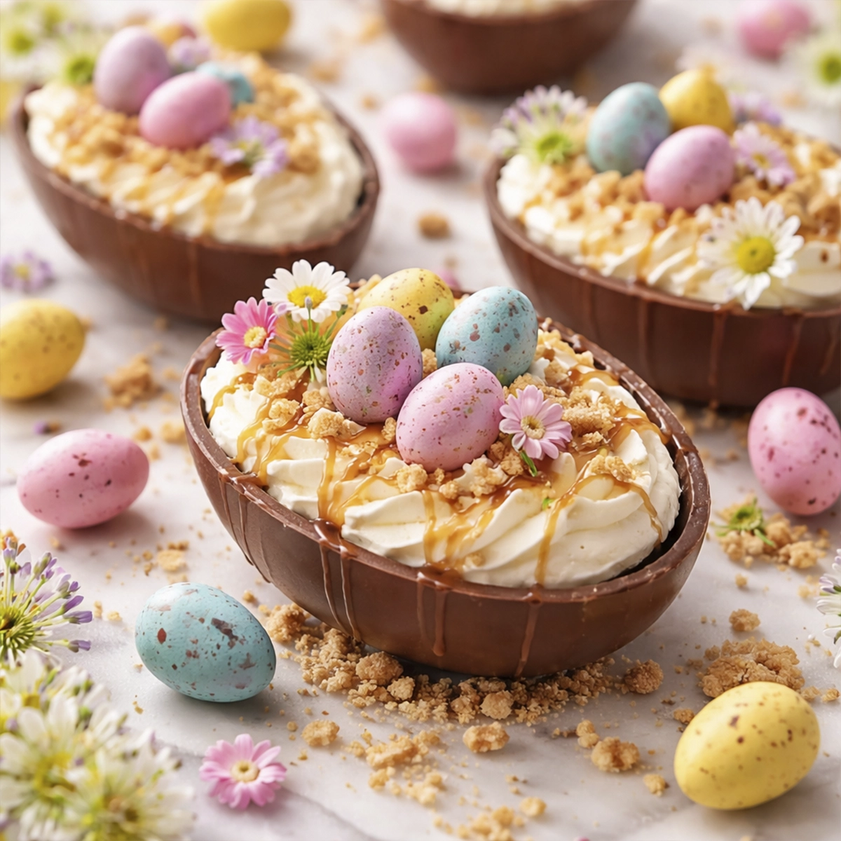 Easter egg shaped cheesecake desserts topped with chocolate mini eggs, caramel drizzle, cookie crumbs, and edible flowers.
