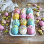 White Chocolate Easter Egg Truffle with Colorful Drizzle – Macro Dessert Photography