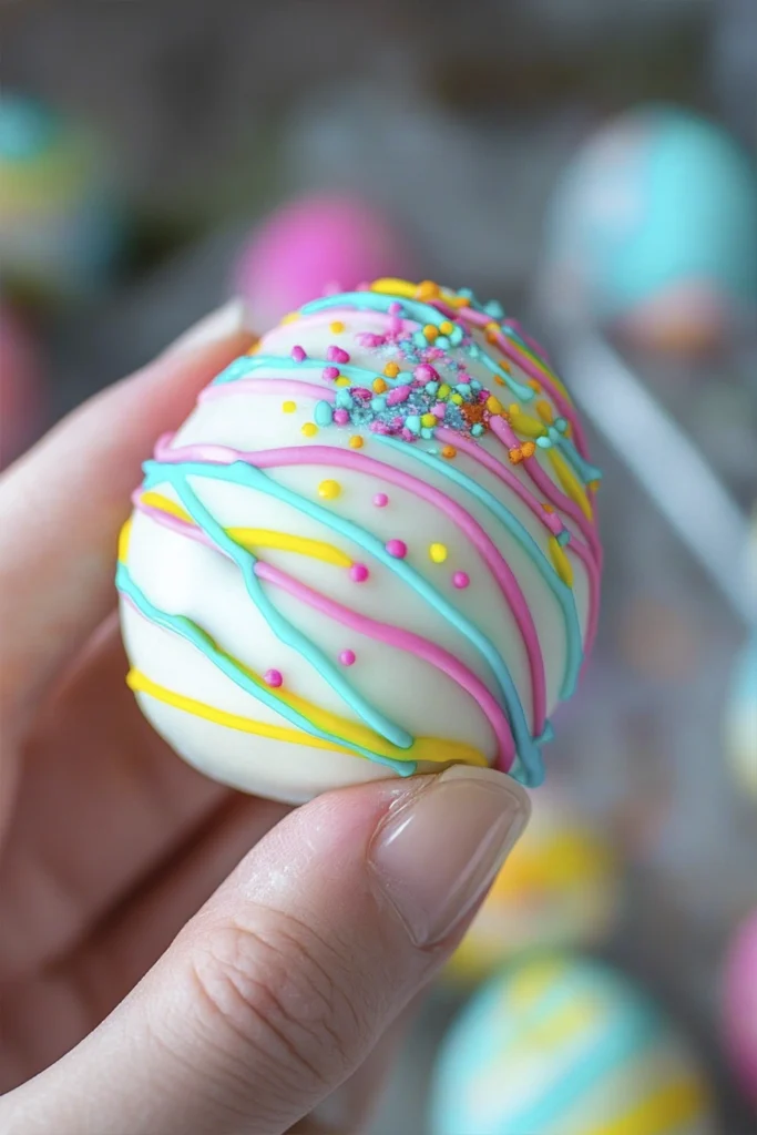 Colorful chocolate-covered Easter eggs decorated with pastel candy coating and sprinkles arranged on a white platter over a rustic wooden table with scattered candy pieces.