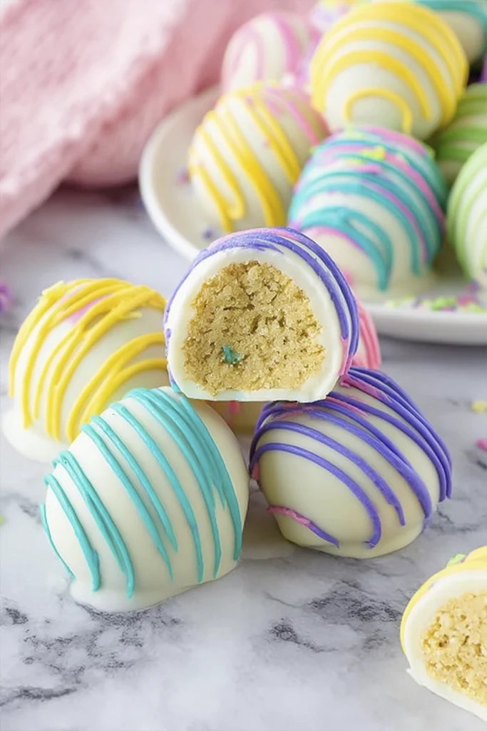 Pastel Easter truffles with colorful drizzle and cookie dough filling displayed on a marble surface.