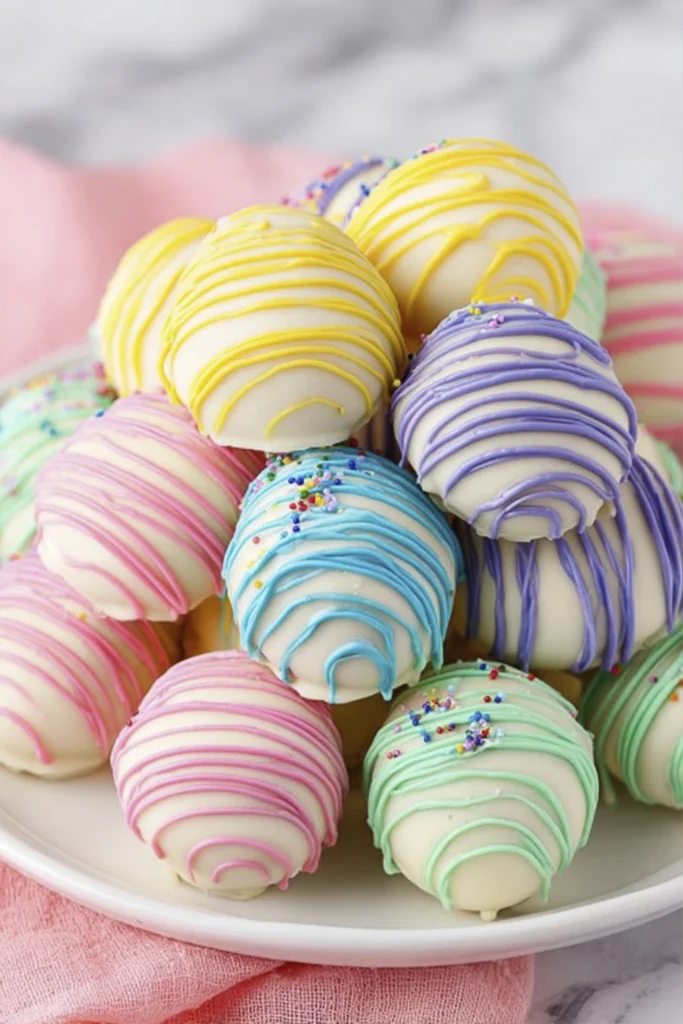 Plate of pastel Easter egg truffles coated in white chocolate with colorful drizzle decoration.