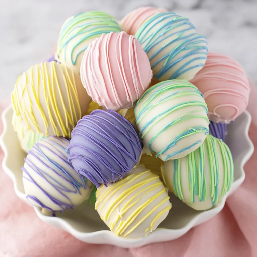 Pastel Easter egg cake pops coated in white chocolate with colorful icing drizzle served in a white bowl.