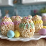 Easter egg rice crispy treats decorated with pastel icing and sprinkles on a white plate with colorful candy eggs.