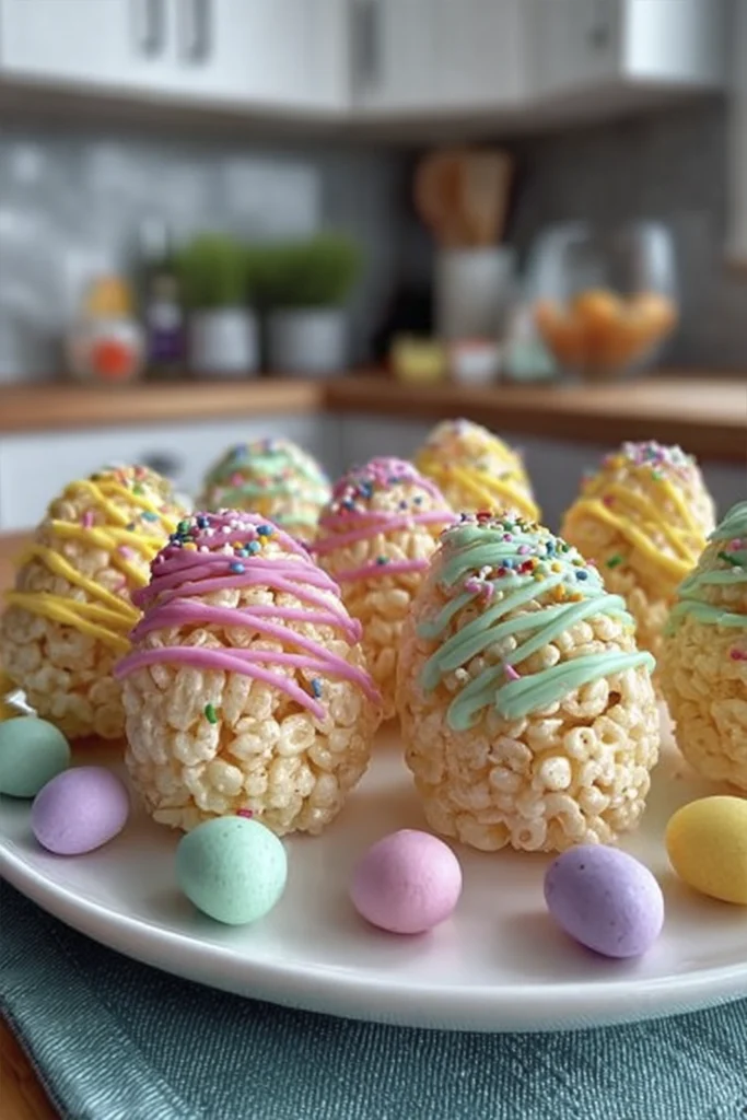 Easter egg rice crispy treats decorated with pastel icing and sprinkles on a white platter in a bright kitchen.