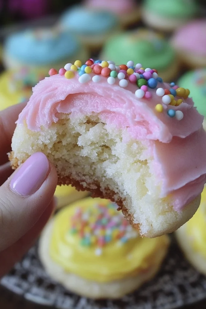 Close-up of a bitten soft sugar cookie with thick pink buttercream frosting and pastel sprinkles, held by hand with colorful frosted cookies blurred in the background.