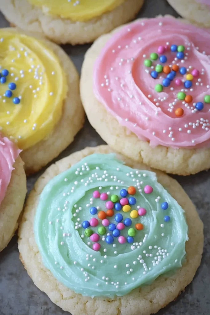 Overhead close-up of soft sugar cookies topped with pastel pink, yellow, green, and turquoise buttercream frosting and colorful round sprinkles.