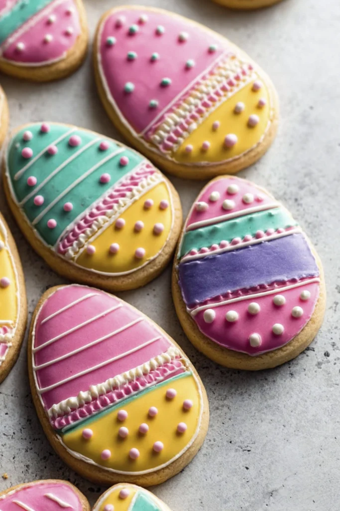 Decorated Easter egg sugar cookies with pastel royal icing patterns on a light surface.