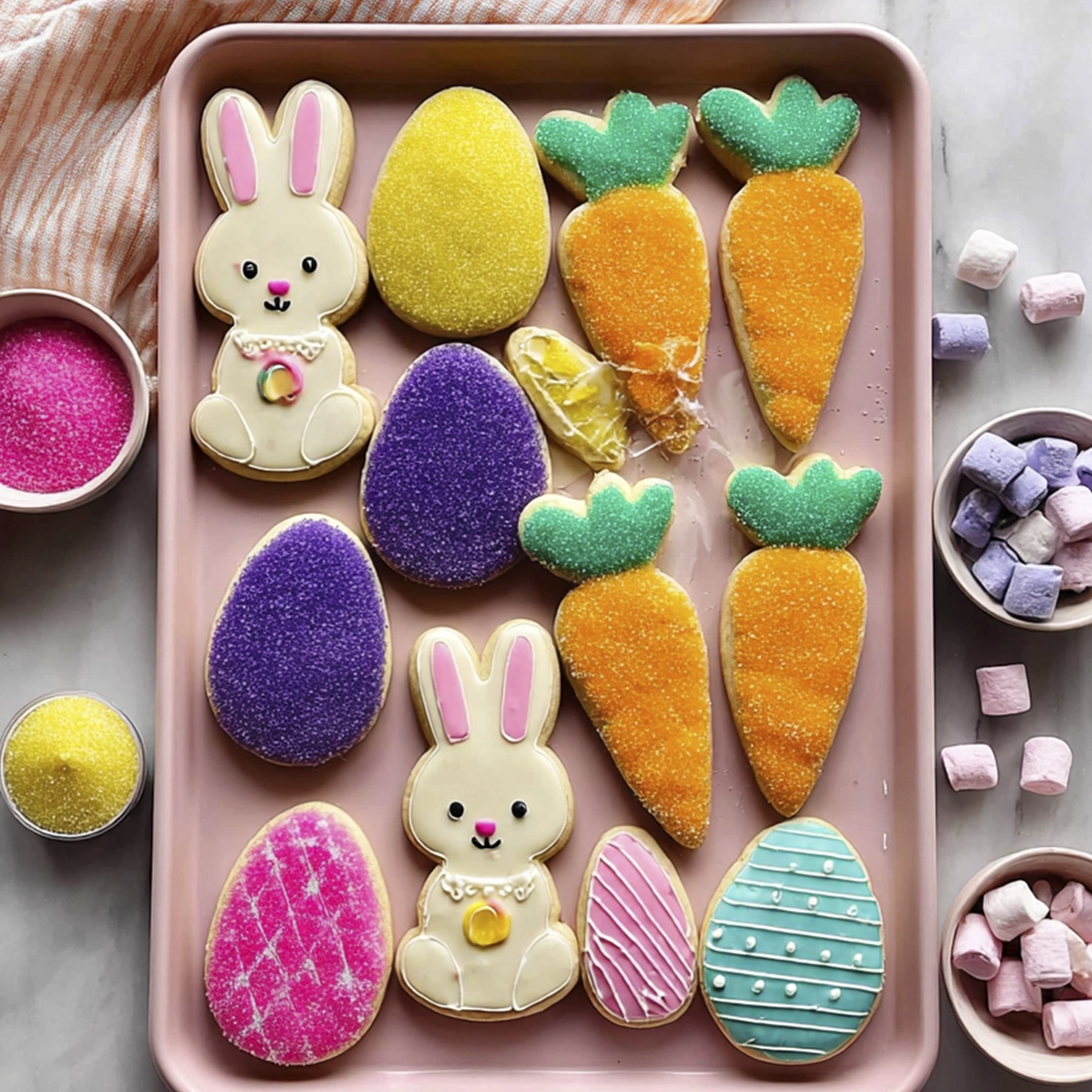 Colorful Easter sugar cookies shaped like eggs, bunnies, and carrots arranged on a pastel pink baking tray.
