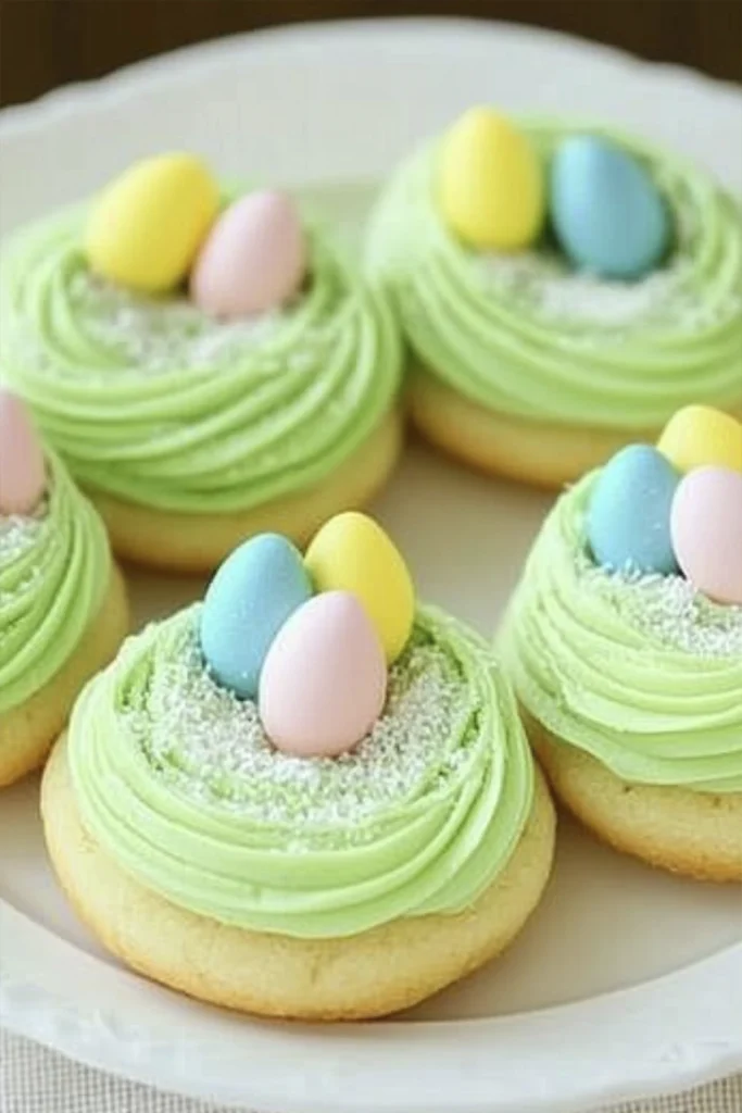 Easter sugar cookies with green buttercream frosting piped like bird nests and topped with pastel candy eggs on a white plate.