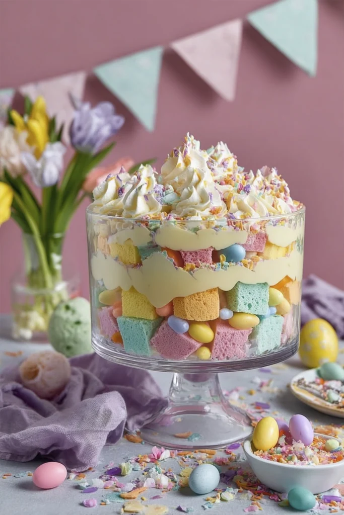 Easter dessert trifle with pastel cake cubes, vanilla cream layers, whipped topping, and candy eggs in a glass bowl.