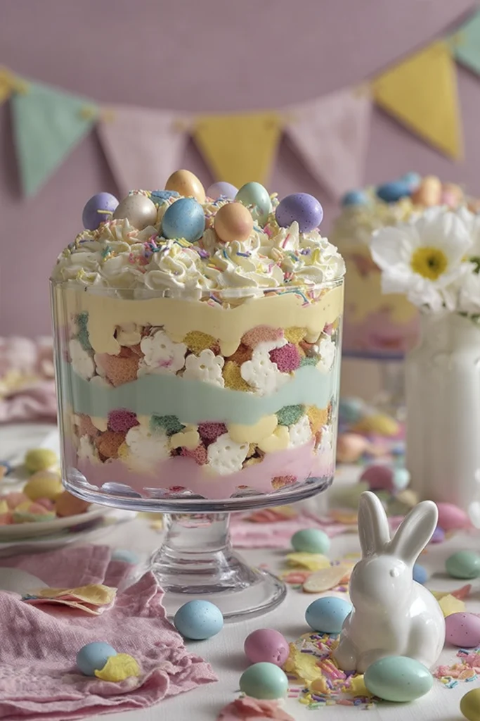 Easter trifle dessert with pastel cake layers, whipped cream topping, sprinkles, and chocolate eggs in a glass bowl.