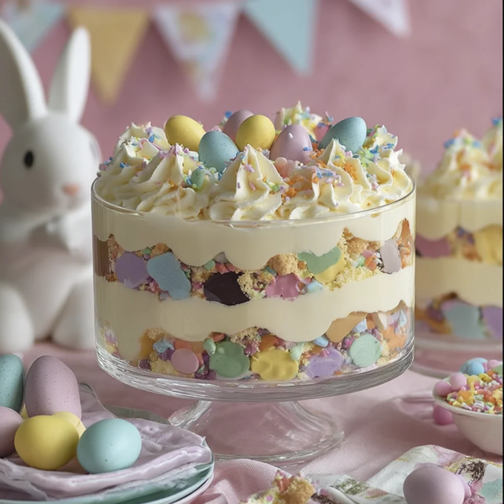 Pastel Easter trifle dessert layered with cake pieces, vanilla cream, sprinkles, and mini chocolate eggs in a glass pedestal bowl.