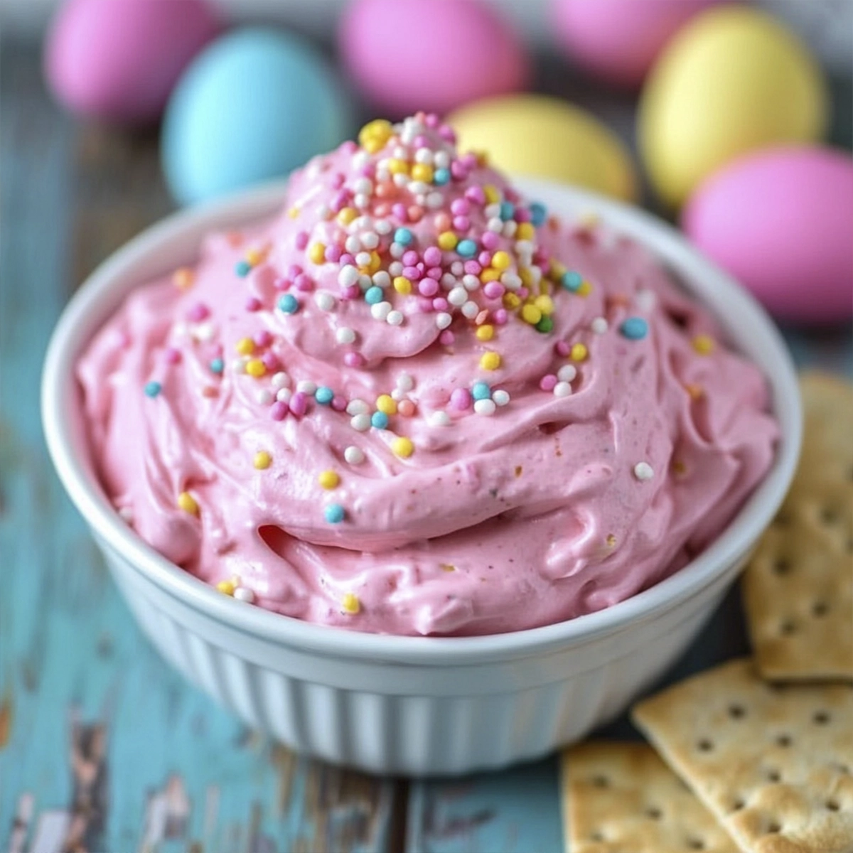 Bowl of pink strawberry dessert dip topped with pastel sprinkles served with graham crackers on a rustic teal table.