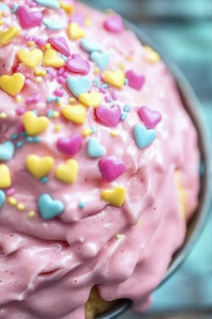 Close-up of a pink frosted dessert topped with pastel heart sprinkles on a rustic teal background.