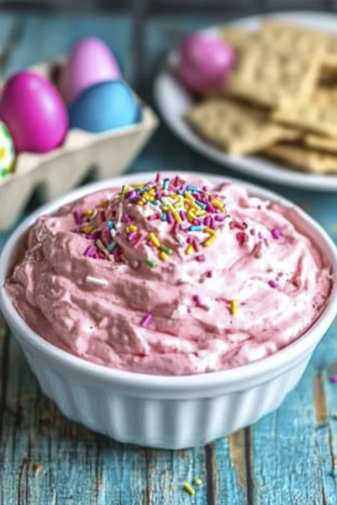 Pink Easter dessert dip topped with pastel sprinkles in a white bowl with graham crackers and colorful Easter eggs in the background.