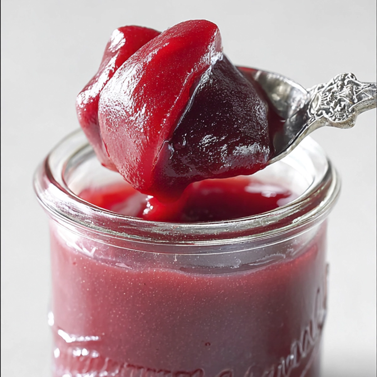 Close-up of a spoon scooping thick homemade rhubarb sauce from a glass jar.